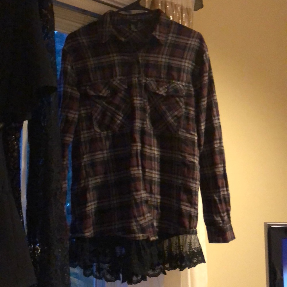 Flannel shirt dress with lace